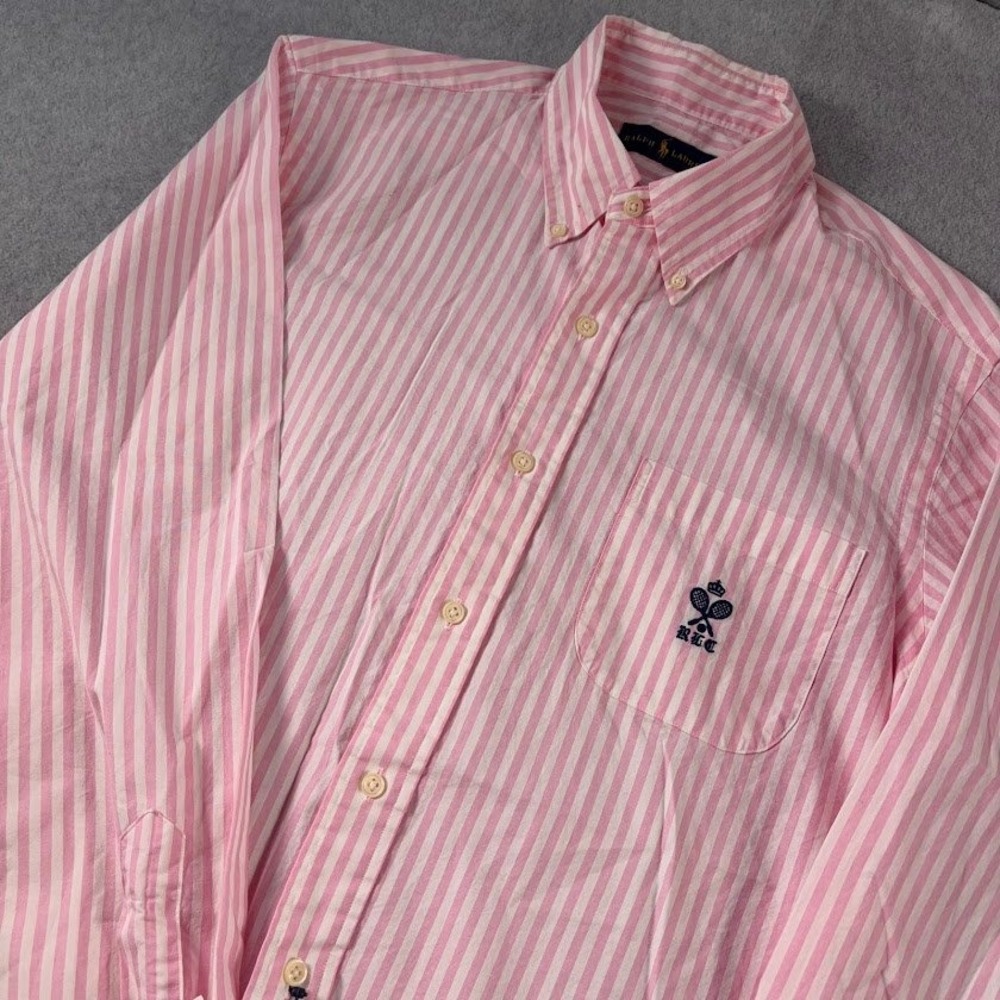 Ralph Lauren Button Down Shirt Men M Pink Striped NWT Tennis Logo Long Sleeve